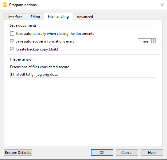 opzioni file - sviluppo