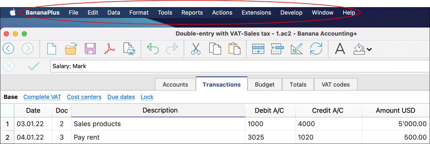 Die Benutzeroberfläche von Banana Buchhaltung Plus - Mac
