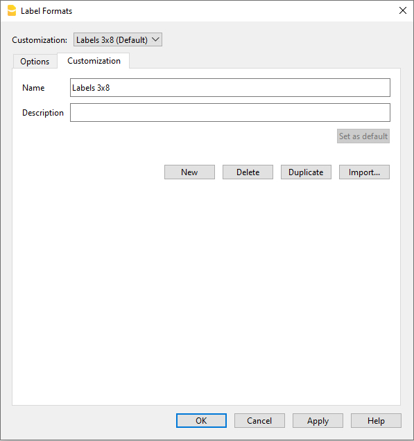 Etikettenformate, Registerkarte Anpassung