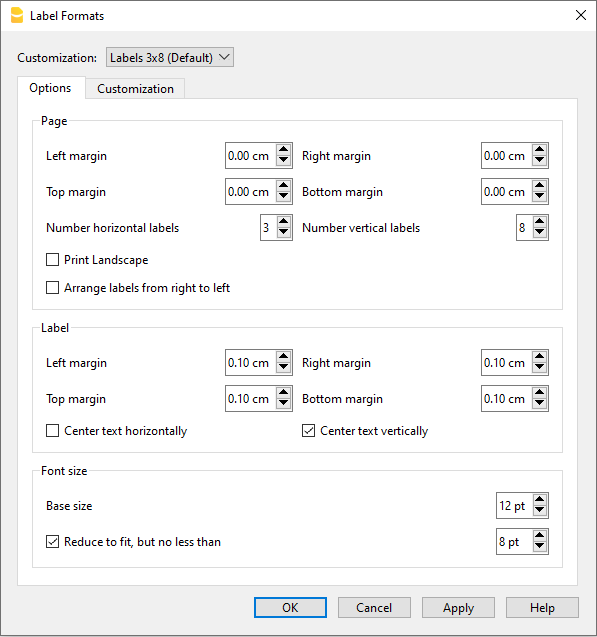 Etikettenformate, Registerkarte Optionen