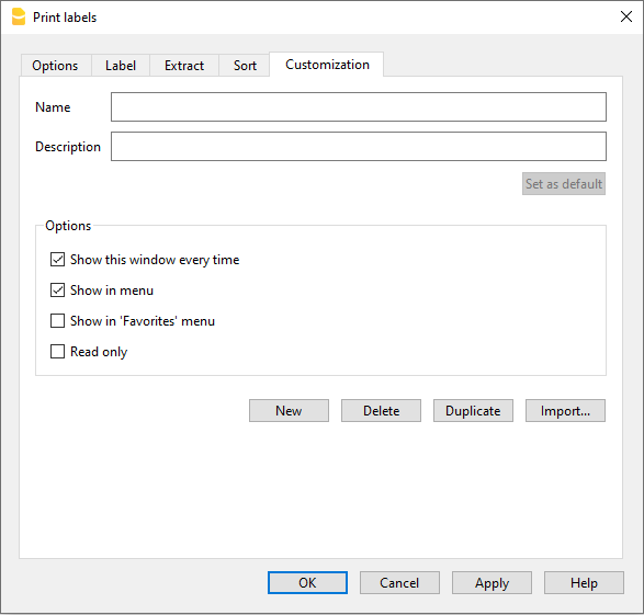 Etiketten ausdrucken, Registerkarte Anpassung