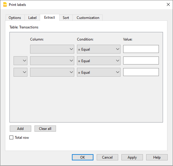 Etiketten ausdrucken, Registerkarte Extrahieren