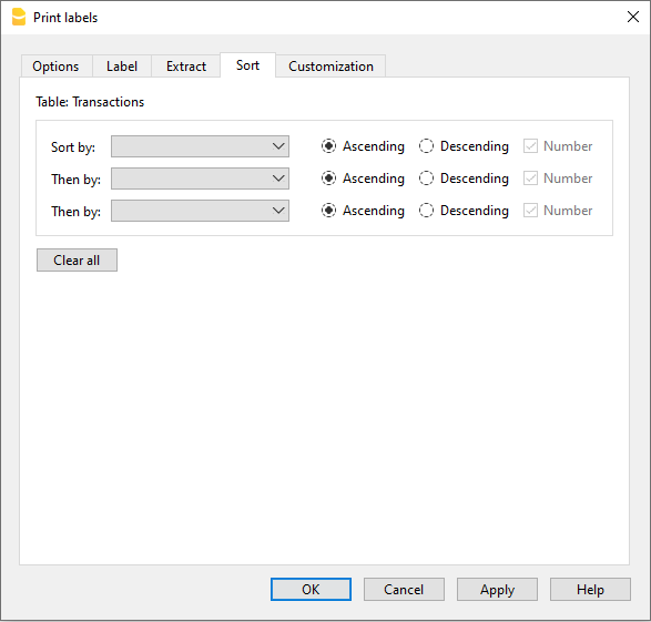 Etiketten ausdrucken, Registerkarte Sortieren