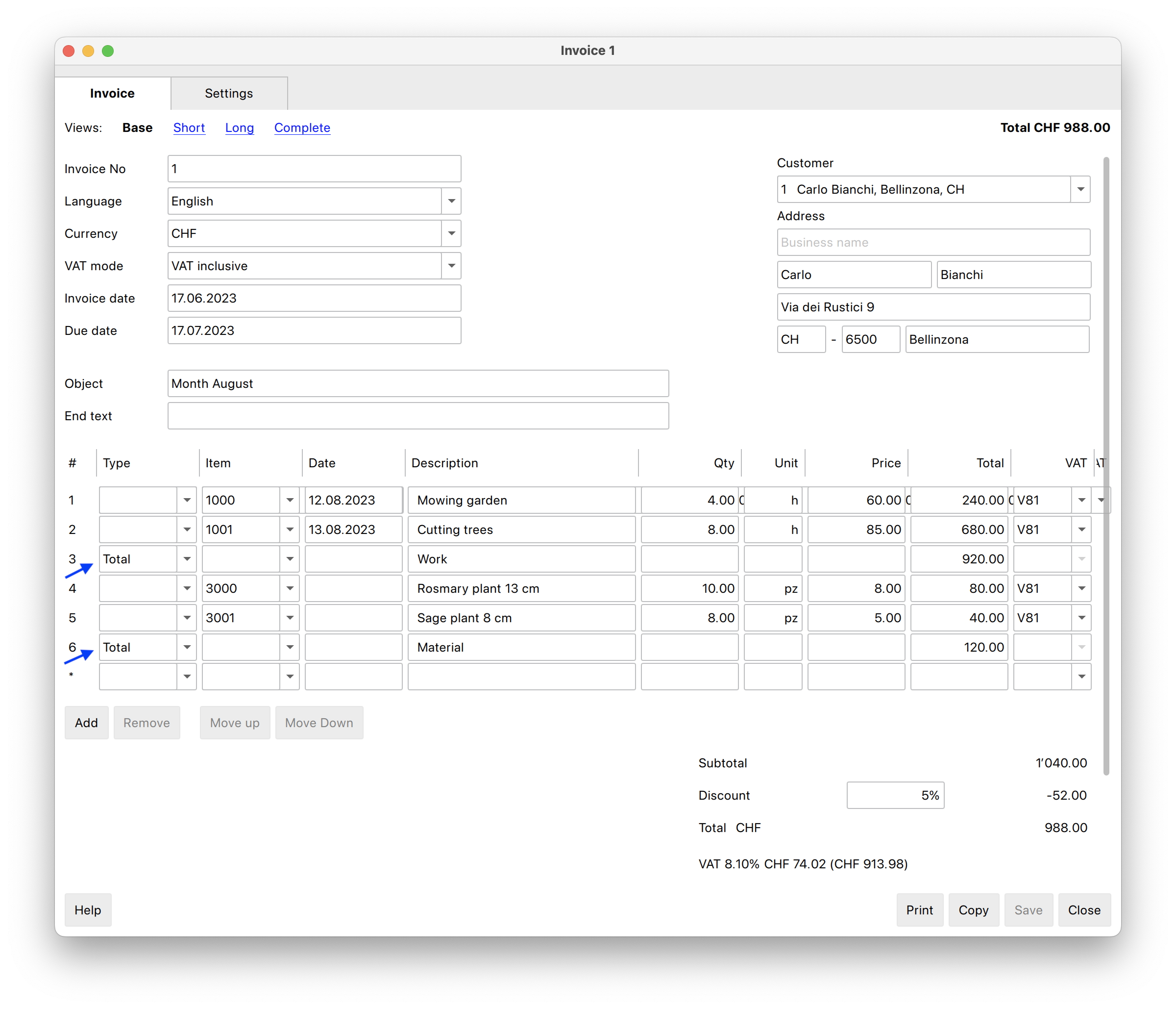 Beta subtotals of items in dialog