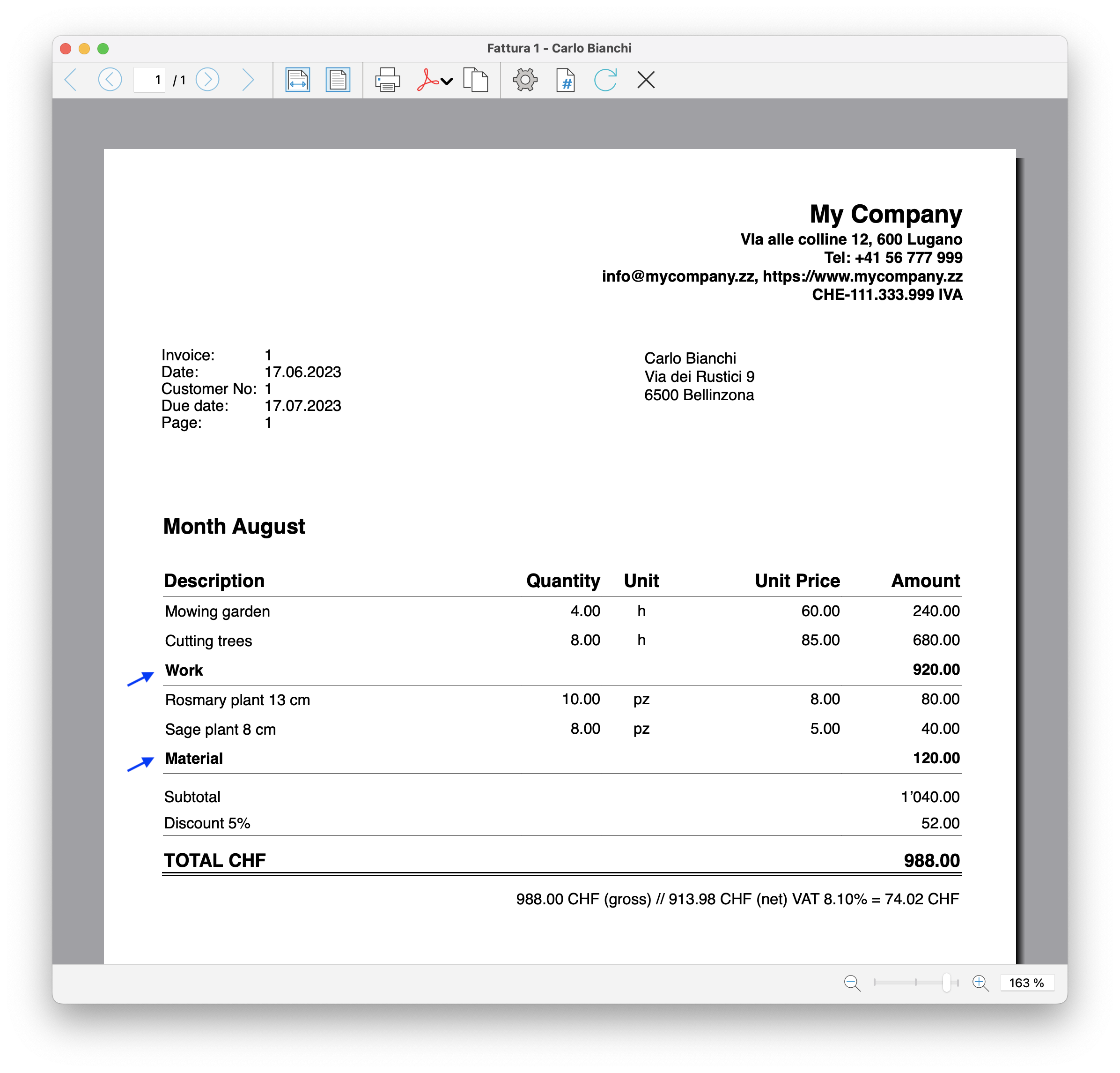 Beta subtotals of items on the invoice