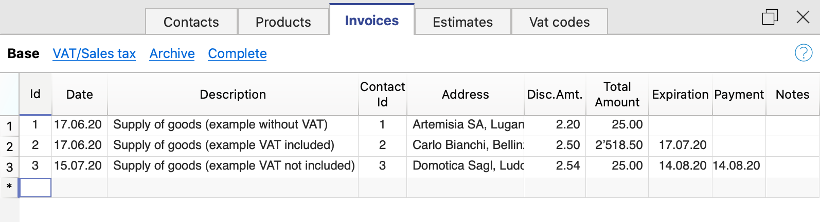tabella fatture applicazione fattura