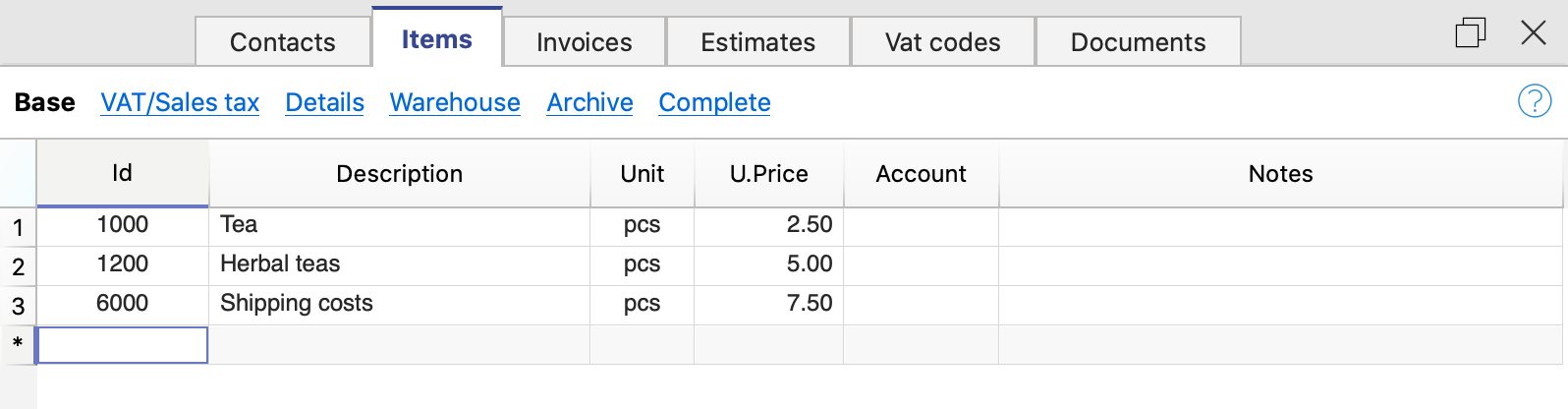 tabella articoli applicazione fattura