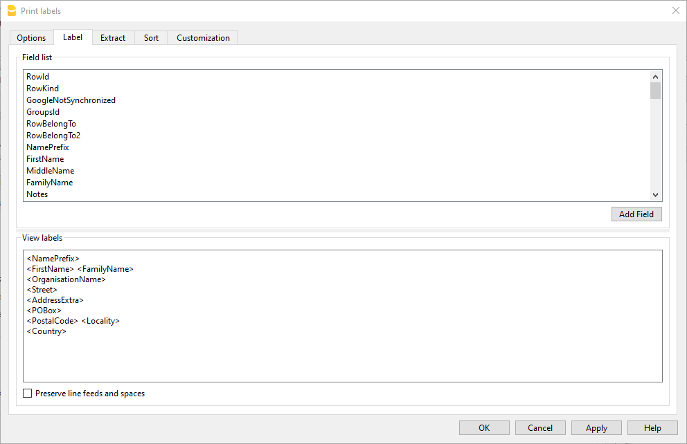 Felder der Etiketten