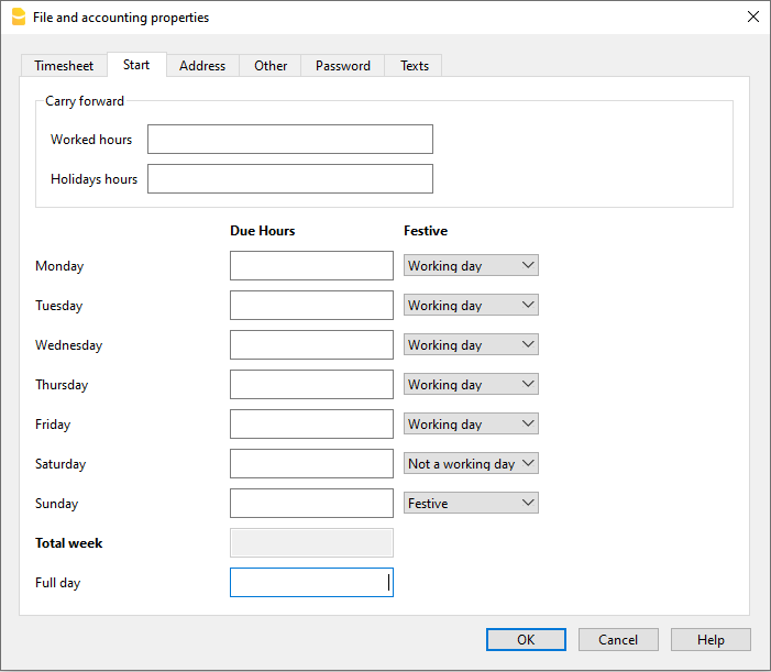 Proprietà inizio foglio ore