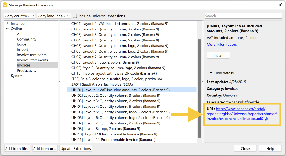Manage extensions dialogue
