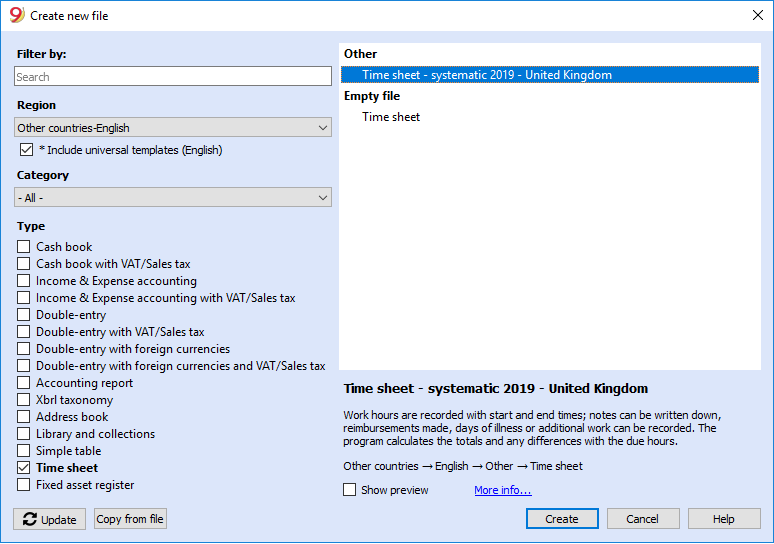 Choosing a Time sheet template from the File - New command