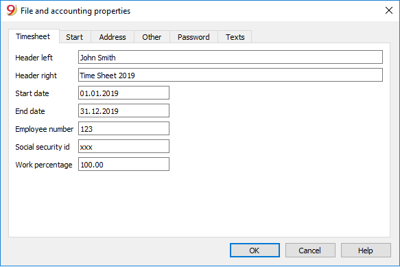 Setup your Time sheet file basic properties. File menu - File and accounting properties
