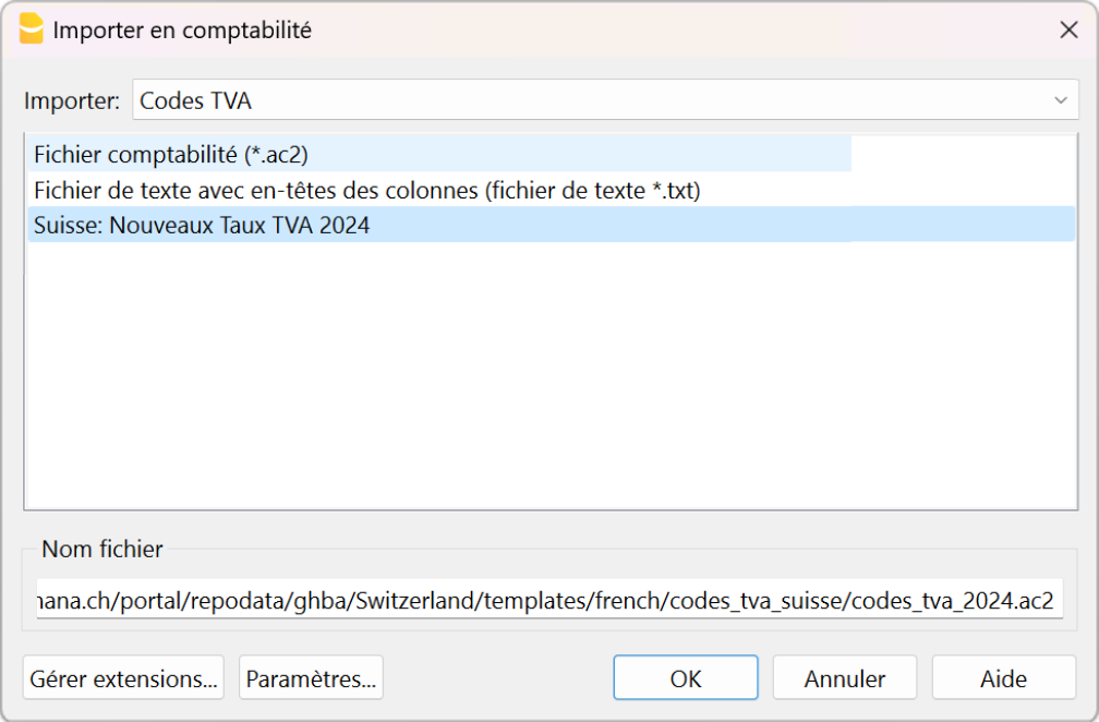 Importer Codes TVA, dialogue