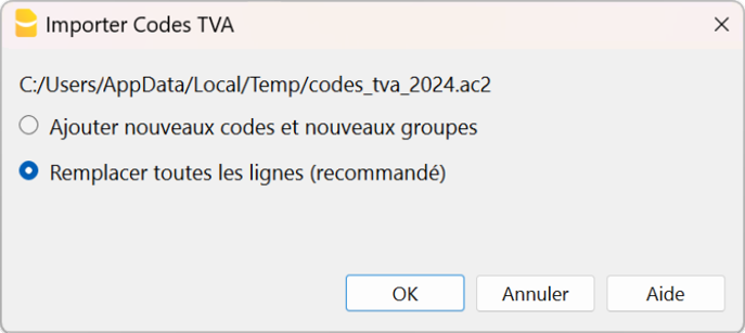 Importer Codes TVA, suite dialogue