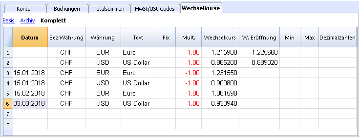 Tabelle Wechselkurse | Banana Buchhaltung Software
