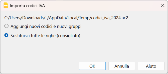 importa codici IVA 2024