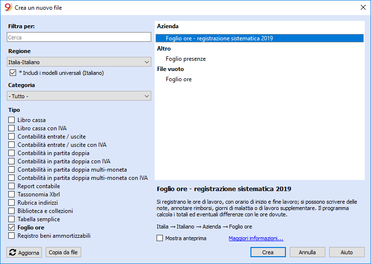 Come scegliere un esempio di Foglio ore dal menu File - Nuovo