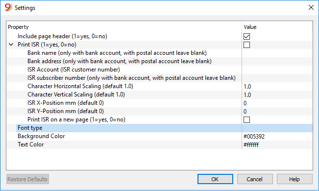 Settings of invoice template