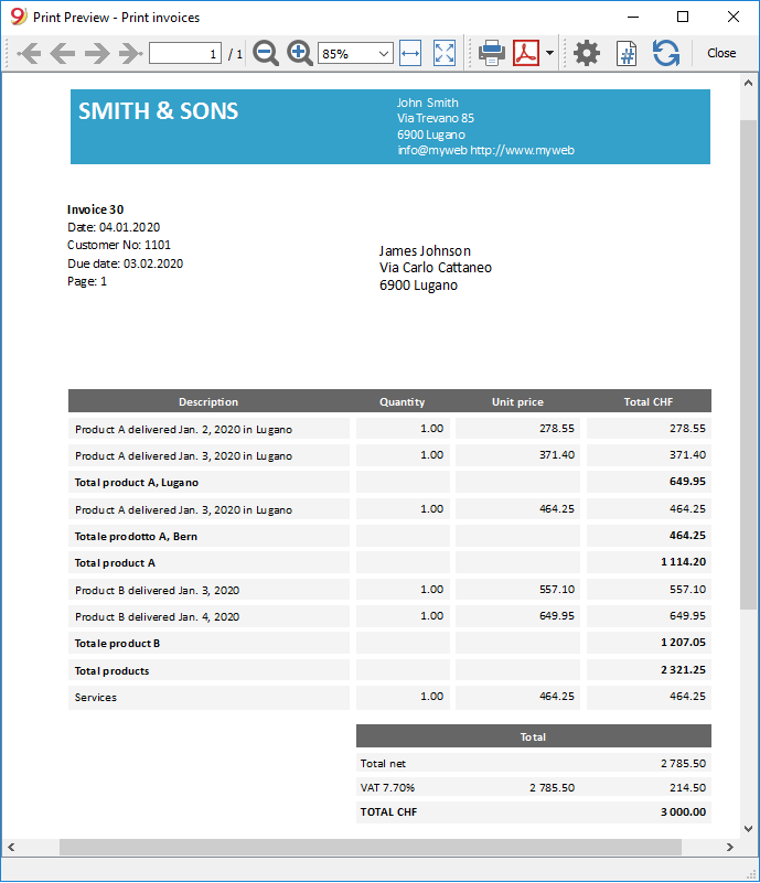 image of print preview for invoice with subtotals