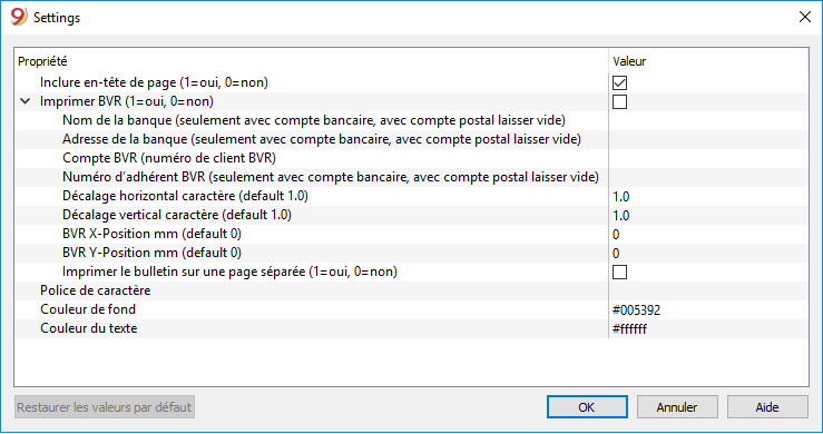 paramètres pour facture