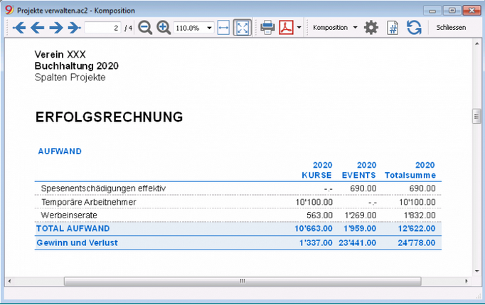 Formatierte Bilanz nach Gruppen mit Segmente