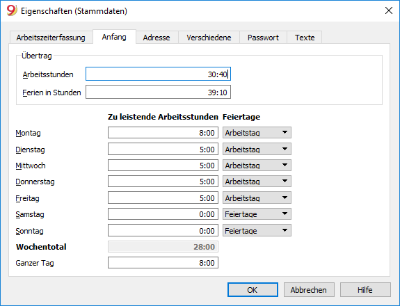 Anfangswerte der Arbeitszeiterfassung systematisch eingeben