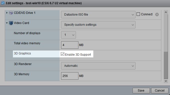 Enable 3D Support in VMware virtual machine settings