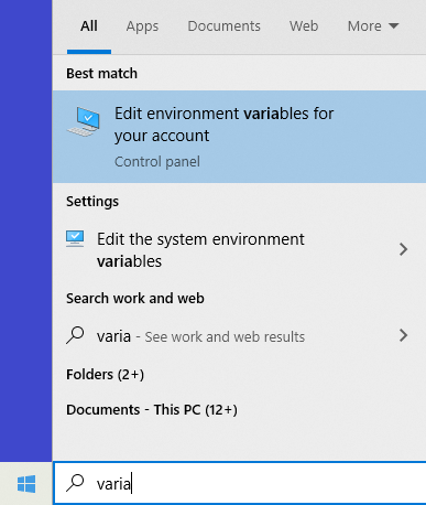 Open environment variables on windows
