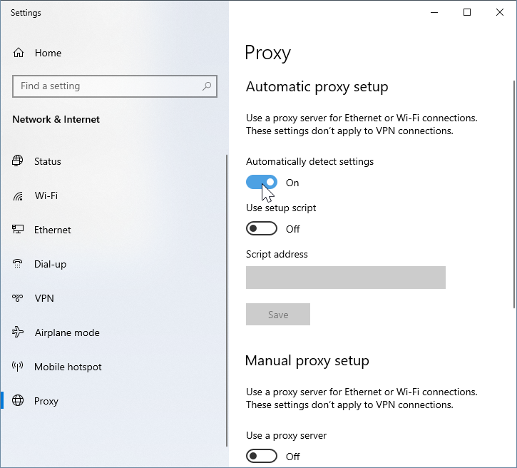 Proxy automatico On, manuale Off