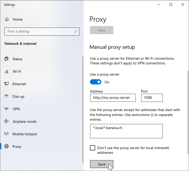 Aggiungere *.banana.ch nella lista delle eccezioni nelle impostazioni del proxy server